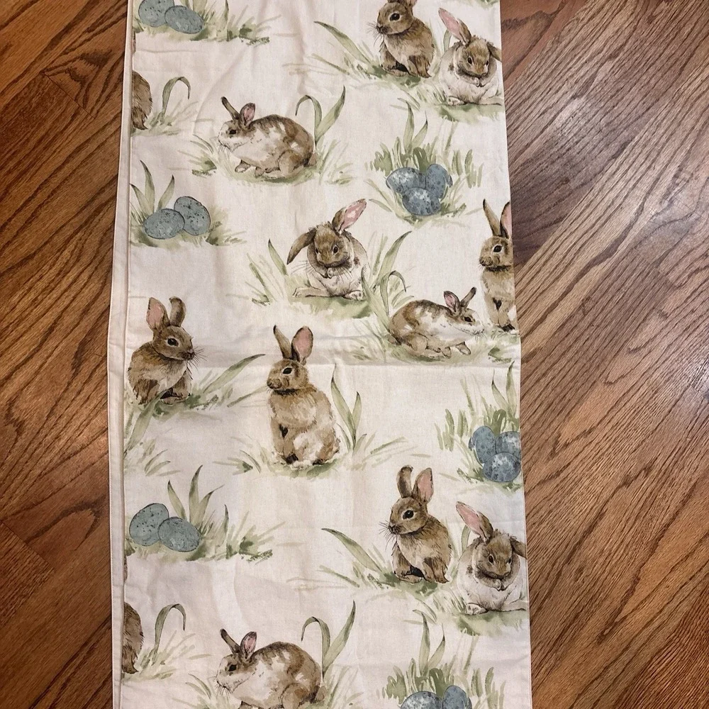 Pottery Barn Pasture Bunny Table Runner Easter Rabbits Eggs Linen Cotton 108